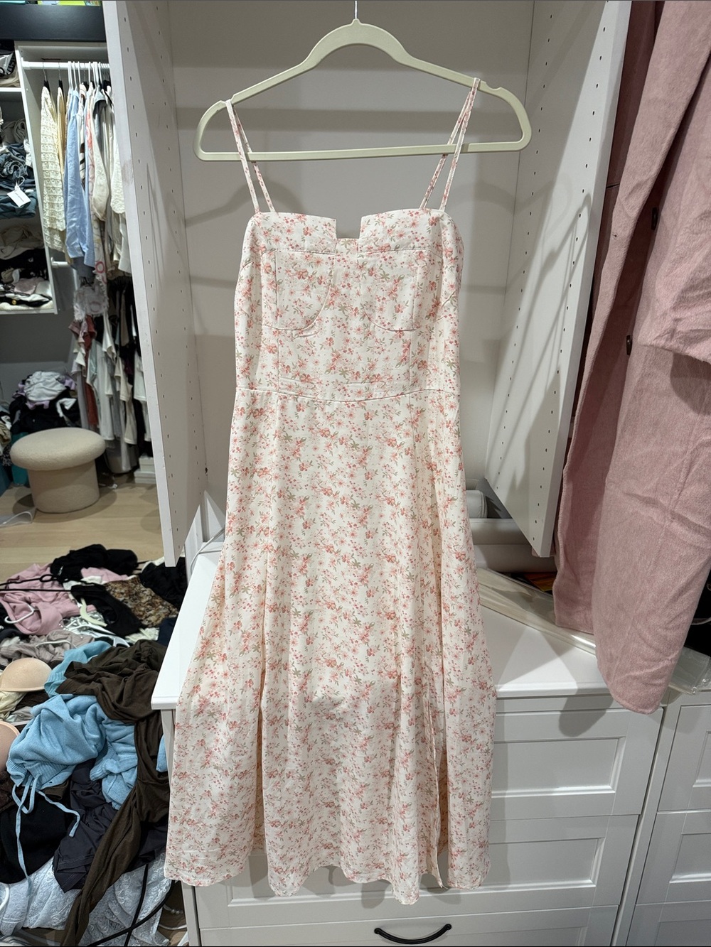 Floral Spaghetti-Strap Midi Dress in Light Pink